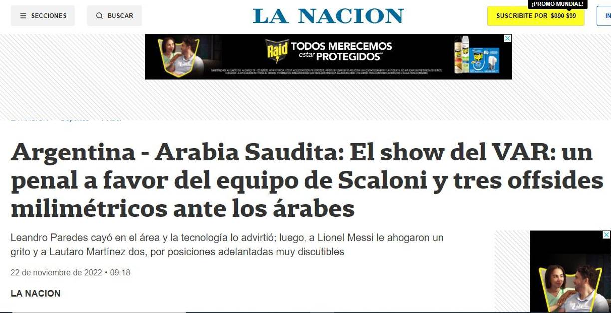 La Nación reconoció que el Var fue clave en el juego ya que anularon tres goles a Argentina y le dieron un penal que Messi cambió por gol.