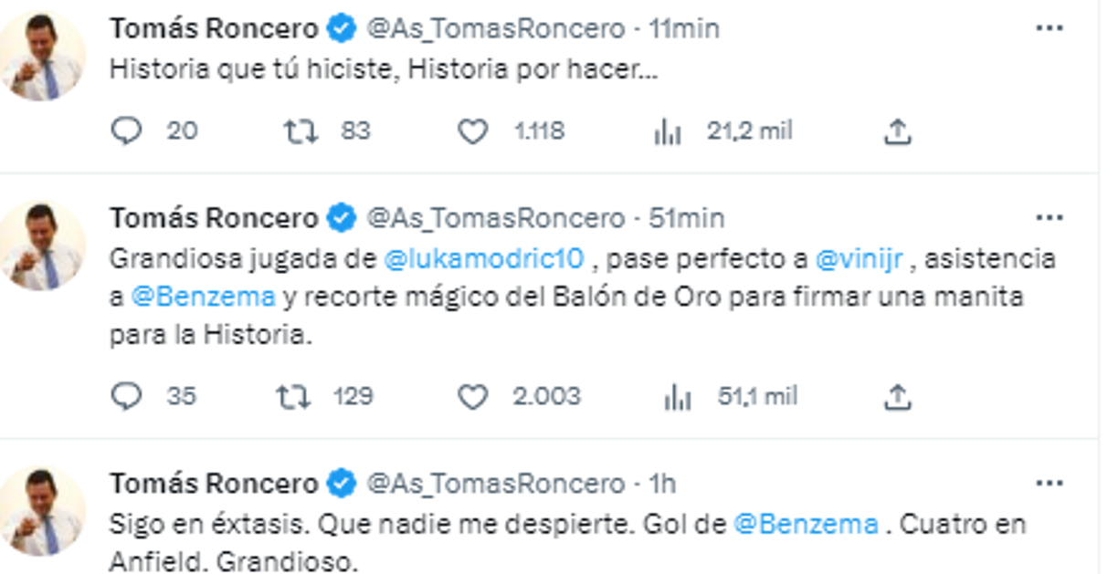 Tomás Roncero se mostró eufórico tras la victoria de Real Madrid.