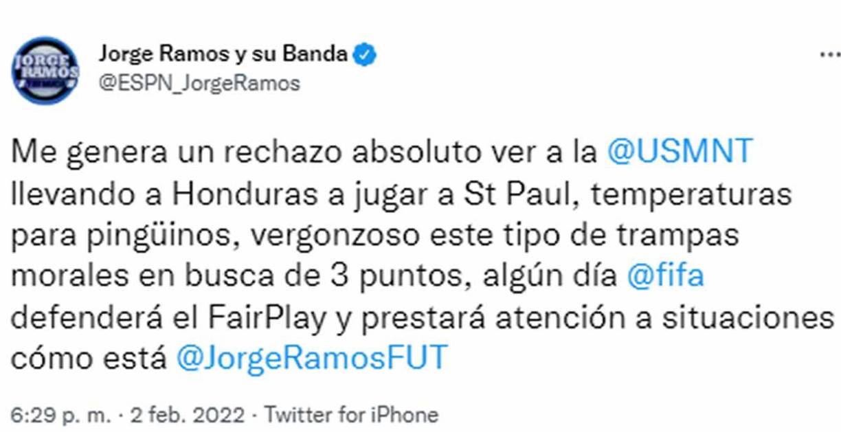 El periodista Jorge Ramos, de ESPN, no se quedó callado y criticó a EEUU. “Me genera un rechazo absoluto ver a Estados Unidos llevando a Honduras a jugar a St Paul, temperaturas para pingüinos, vergonzoso este tipo de trampas morales en busca de 3 puntos, algún día FIFA defenderá el FairPlay y prestará atención a situaciones cómo está”.