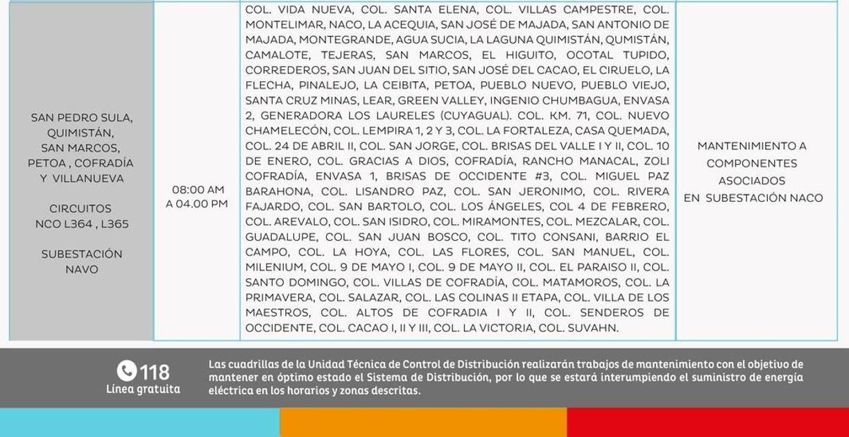 San Pedro Sula y Villanueva, en Cortés, y municipios del departamento de Santa Bárbara, también se verán afectados por los cortes programados por la Enee. (8:00 am - 4:00 pm)