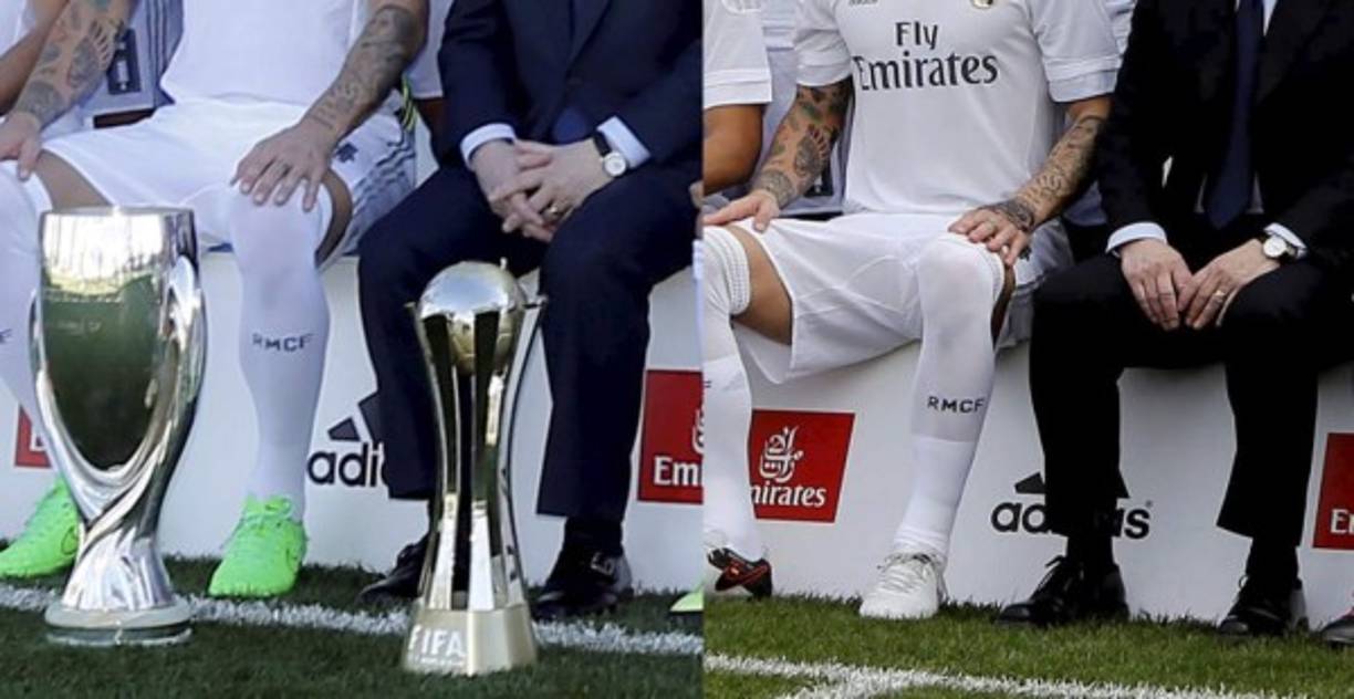 Desaparecen las copas (Supercopa de Europa y Mundialito) que ganó Ancelotti en su última temporada y que acompañaron a Florentino en la foto oficial con Benítez. (RealMadrid.com).
