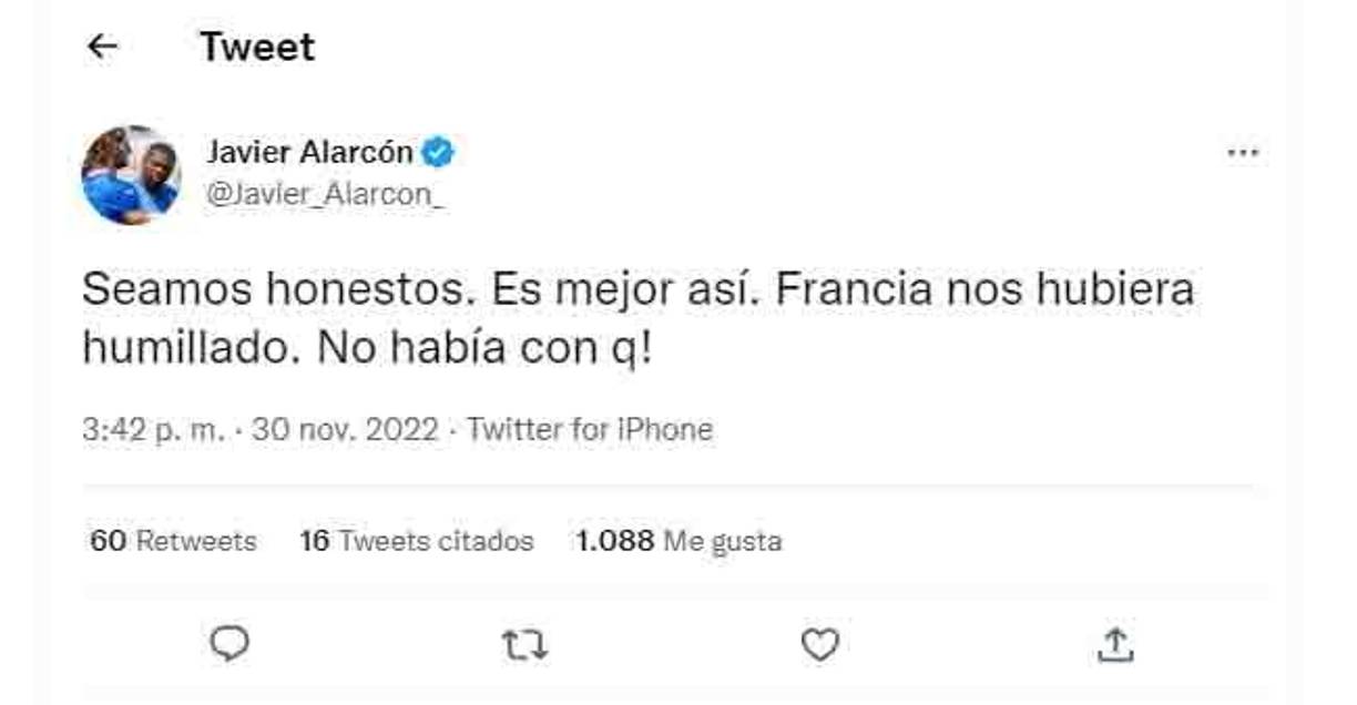 “Seamos honestos. Es mejor así. Francia nos hubiera humillado. No había con qué”, dijo Javier Alarcón.