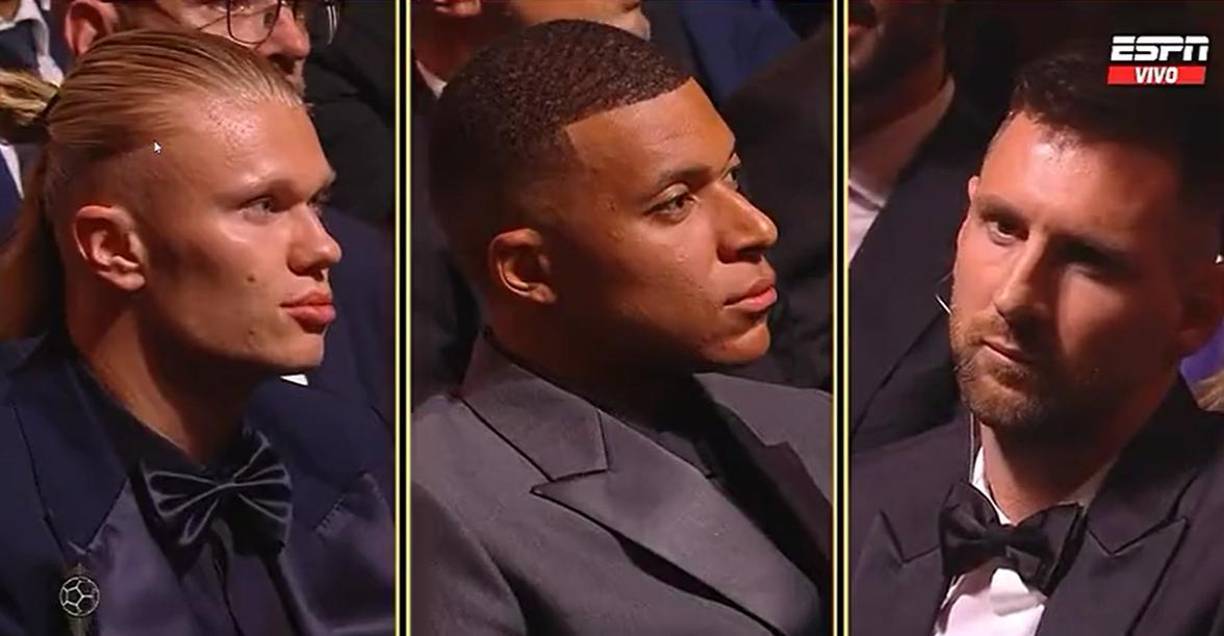 Haaland, Mbappé y Messi en el momento donde se iba a informar al ganador del Balón de Oro 2023.