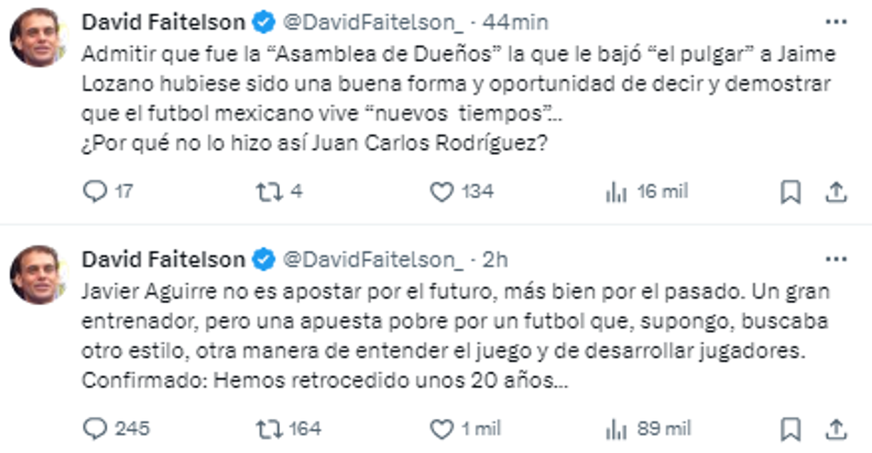 “Javier Aguirre no es apostar por el futuro, más bien por el pasado. Un gran entrenador, pero una apuesta pobre por un fútbol que, supongo, buscaba otro estilo, otra manera de entender el juego y de desarrollar jugadores. Confirmado: Hemos retrocedido unos 20 años...”, agregó el polémico periodista.