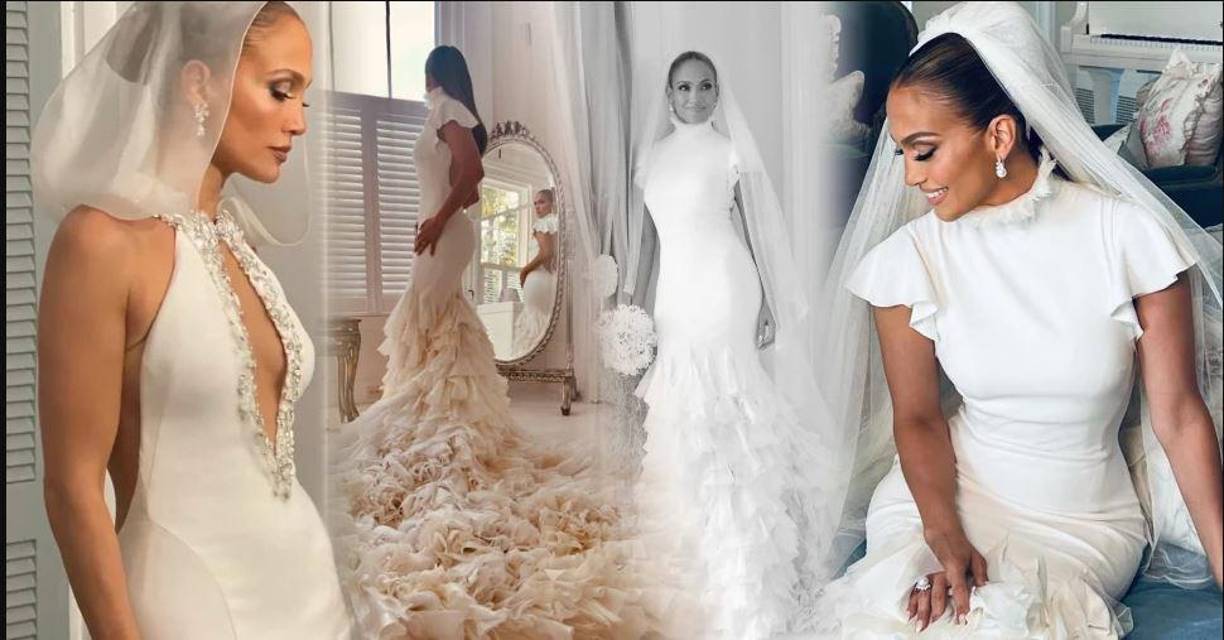 Para esta ceremonia, JLo utilizó tres vestidos de novia de la firma Ralph Lauren.