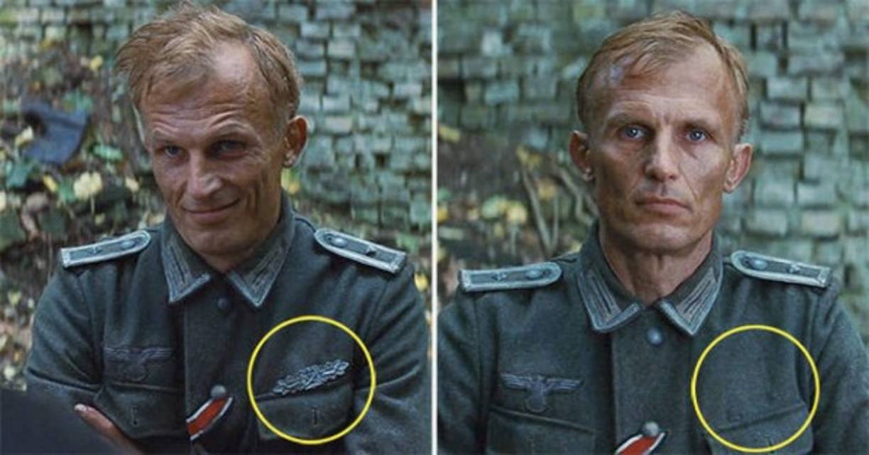 Bastardos Sin Gloria: La insignia del sargento alemán que fue golpeado hasta la muerte con un bate de béisbol desaparece y vuelve a aparecer sólo durante la escena de los fusilamientos.