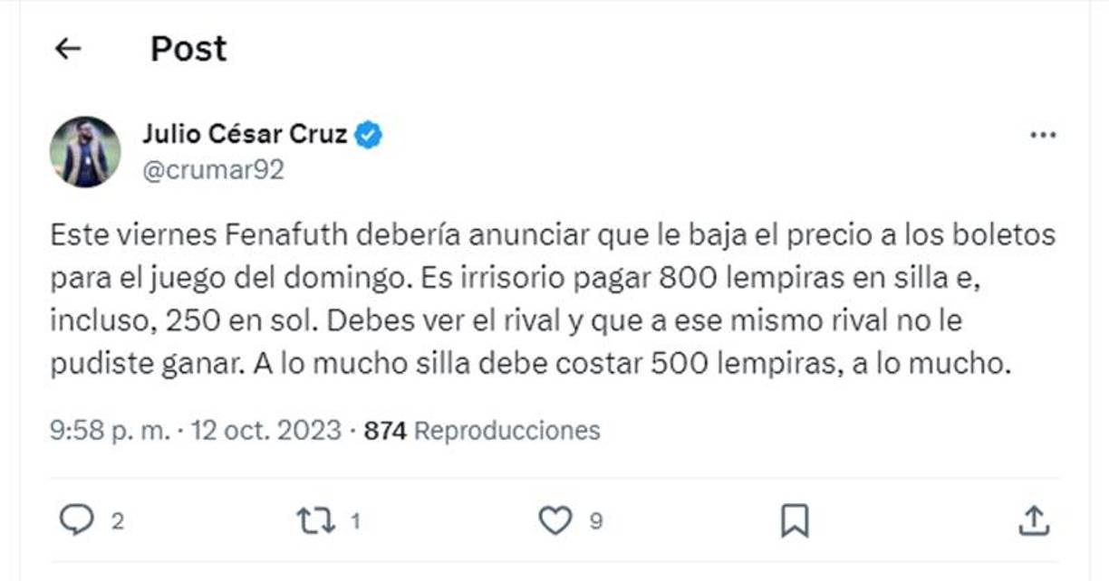 Julio Cruz le recomendó a la Fenafuth bajar los precios para el Honduras vs Cuba de este domingo.