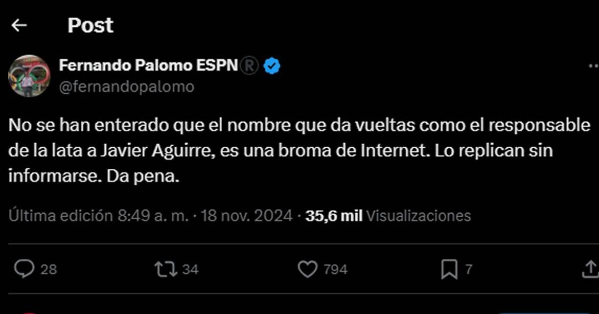 En redes sociales se han hecho virales fotografías falsas del supuesto agresor del ‘Vasco’ Aguirre y Palomo se refirió a eso: “Es una broma de internet. Lo replican sin informarse. Da pena”.