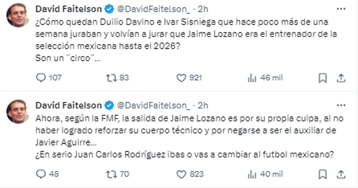 “Ahora, según la FMF, la salida de Jaime Lozano es por su propia culpa, al no haber logrado reforzar su cuerpo técnico y por negarse a ser el auxiliar de Javier Aguirre...”, comentó y en otro agregó: “Son un circo”.