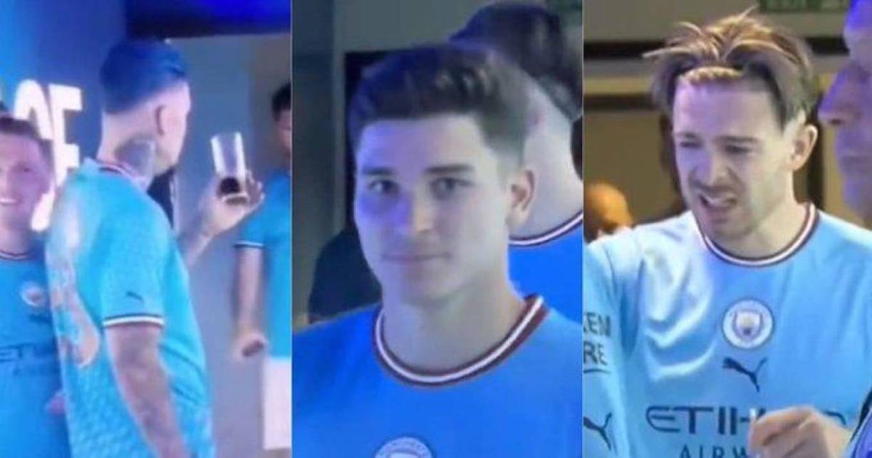 El argentino Julián Álvarez le preparó y le dio fernet (bebida alcohólica) a sus compañeros Grealish y Ederson. Al ver la reacción del inglés parece que no le gustó.