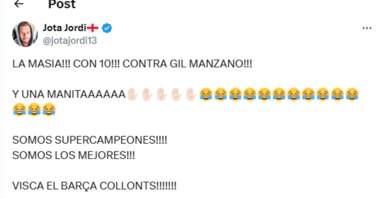 Jota Jordi se burló del Real Madrid en su cuenta oficial de X.
