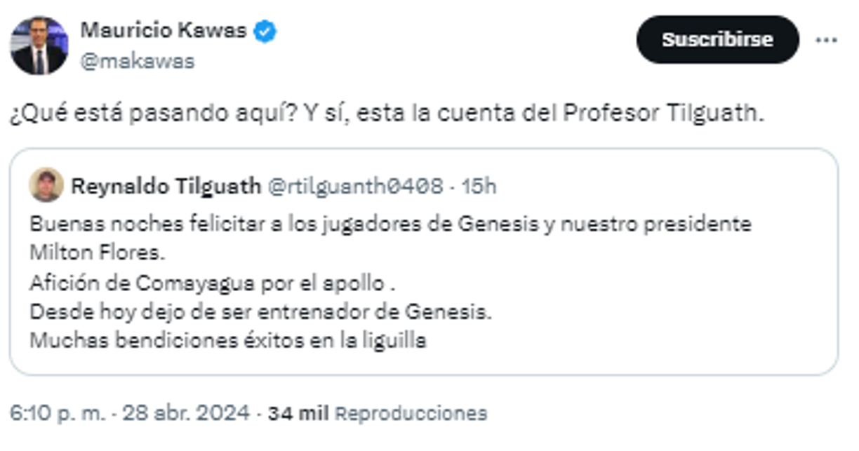 “¿Qué está pasando aquí? Y sí, está la cuenta del Profesor Tilguath”, compartió Mauricio Kawas en sus redes sociales.