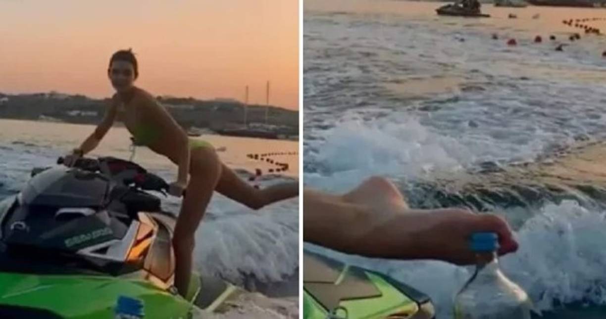La integrante del clan Kadashian, Kendall Jenner también fue retada por sus seguidores y para complacerlos no solo abrió la botella con su pie, sino que lo hizo a bordo de una moto acuática.