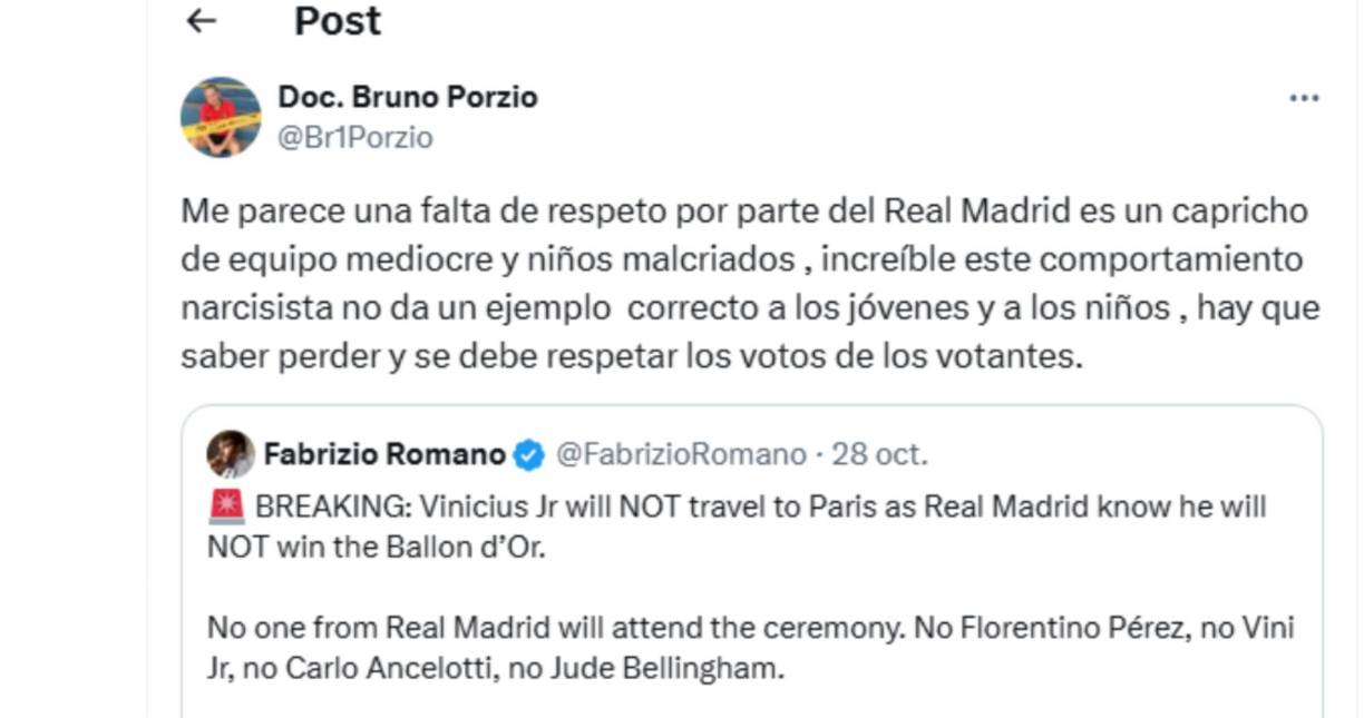 Bruno Porzio le dejó dardos al Real Madrid por el hecho de que no acudieron a la gala del Balón de Oro.