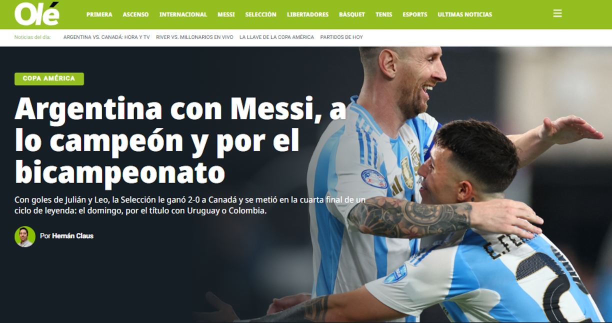 Diario Olé de Argentina: “Argentina y Messi, a lo campeón y por el bicampeonato”.