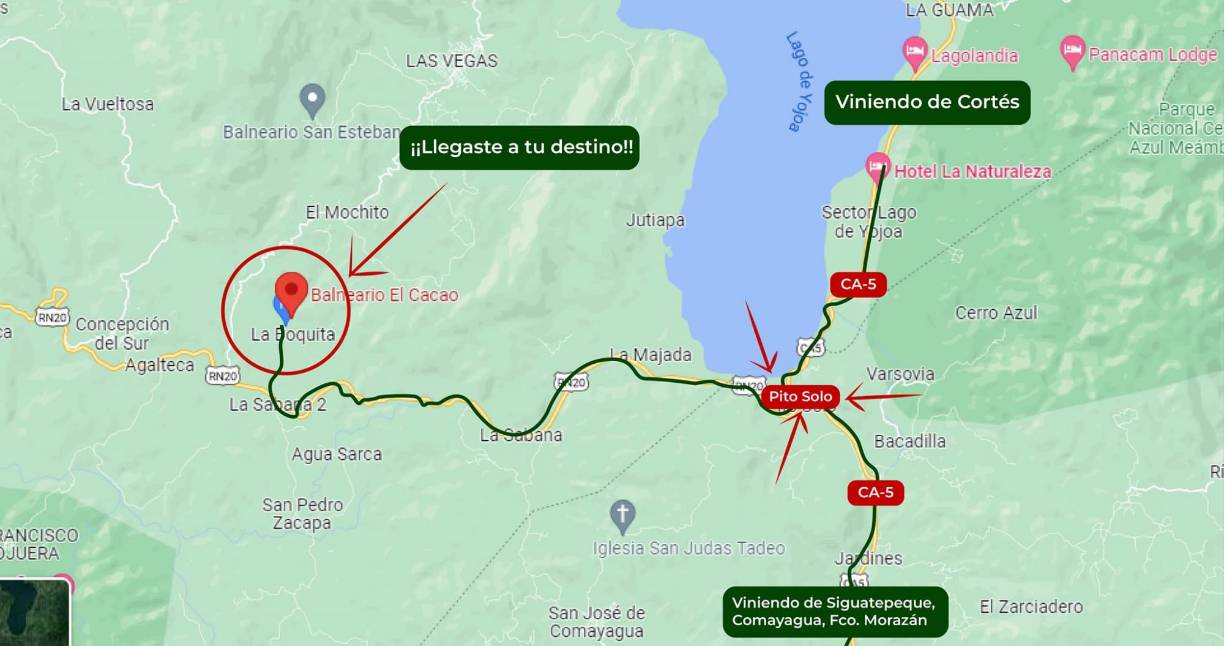 Como punto de referencia debe tomar la carretera CA-5 y llegar al desvío a Pito Solo, luego adentrarse aproximadamente 30-40 minutos en pavimento, luego tomar el desvío de La Boquita (verá una pintura de la cascada), después de 3 kilómetros en calle de tierra podrás llegar a tu destino. 