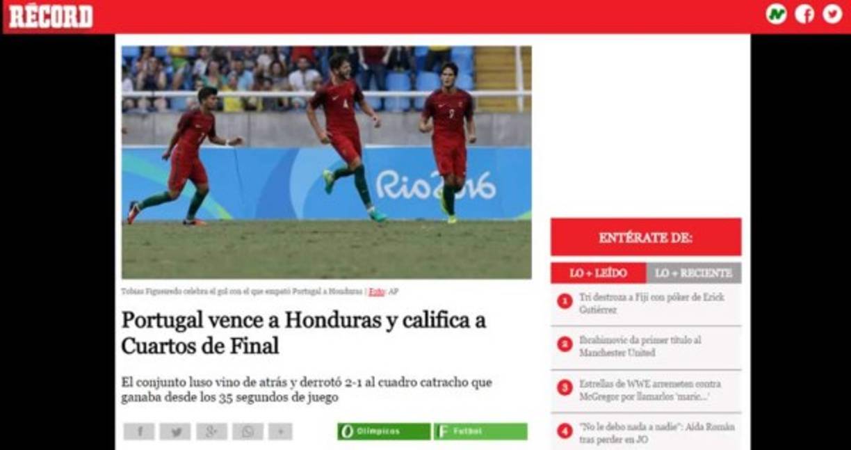 Diario Récord de México: 'Portugal vence a Honduras y califica a Cuartos de Final. El conjunto luso vino de atrás y derrotó 2-1 al cuadro catracho que ganaba desde los 35 segundos de juego'.