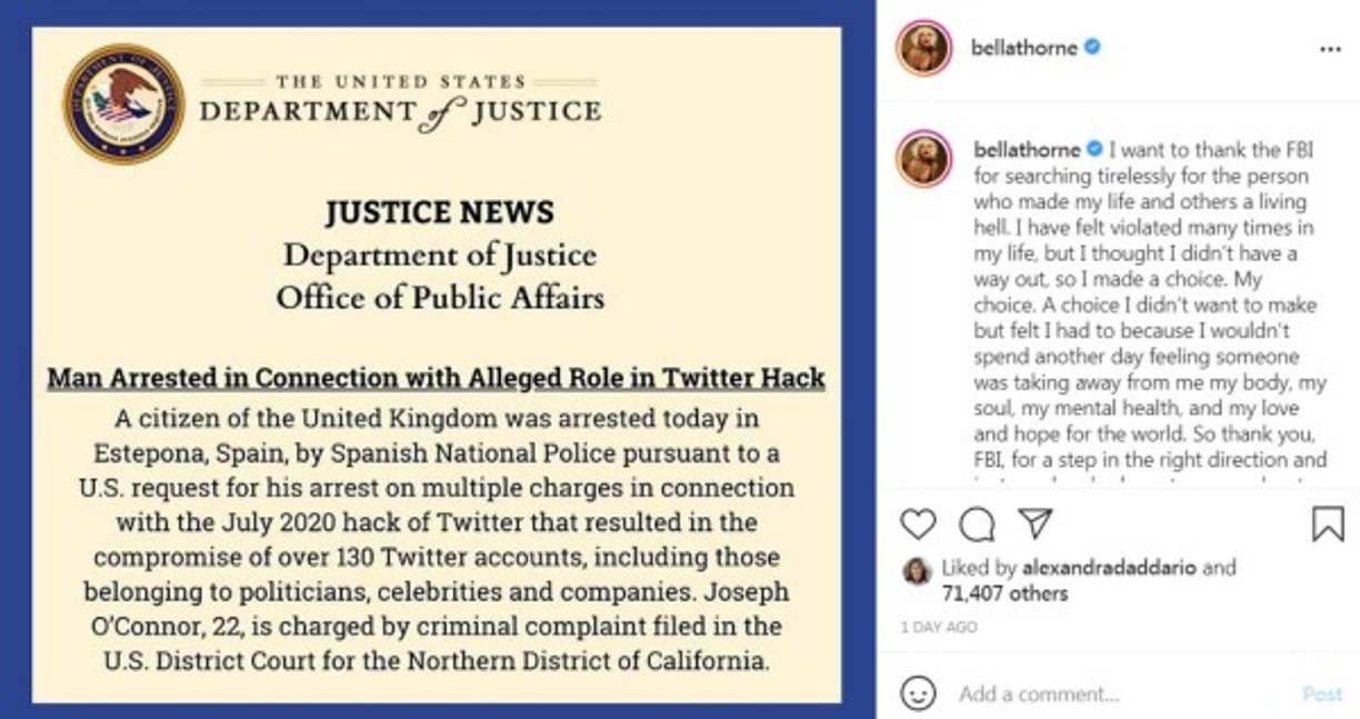 'Quiero agradecer al FBI por buscar incansablemente a la persona que hizo de mi vida y la de los demás un infierno', escribió Thorne en Instagram.