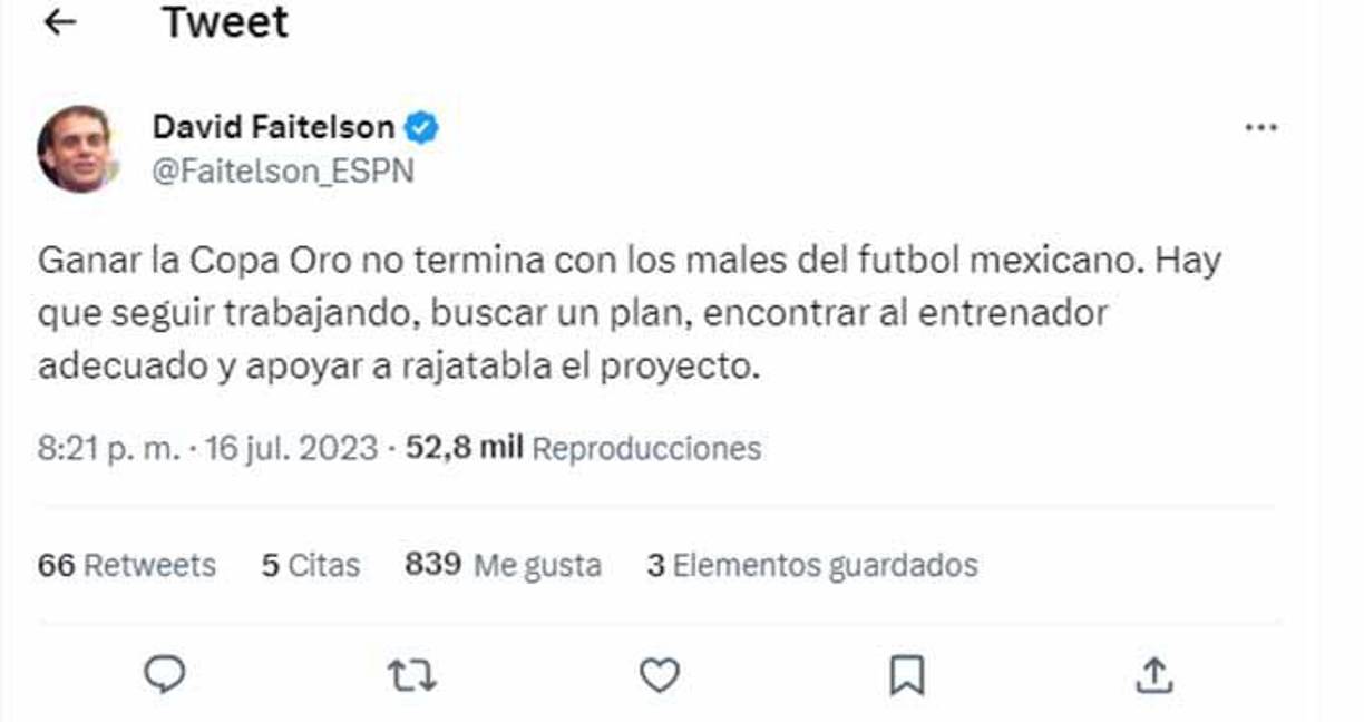 Faitelson posteriormente dejó un dardo: “Ganar la Copa Oro no termina con los males del fútbol mexicano.”