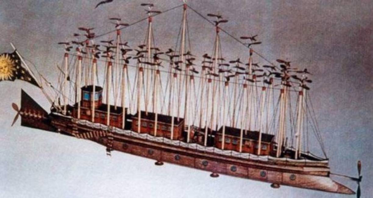 9.- El helicóptero (En la novela Robur el Conquistador (1886), Julio Verne describe una embarcación llamada Albatross, con muchos mástiles, sobre los cuales hay hélices, que giran gracias a una maquinaria interna).