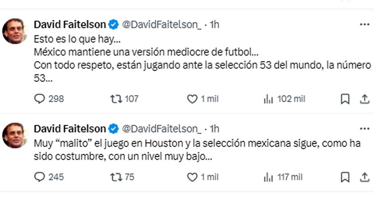David Faitelson mostró su descontento con el fútbol de México que “sigue, como ha sido costumbre, con un nivel muy bajo”. “Esto es lo que hay... México mantiene una versión mediocre de futbol. Con todo respeto, están jugando ante la selección 53 del mundo, la número 53”.