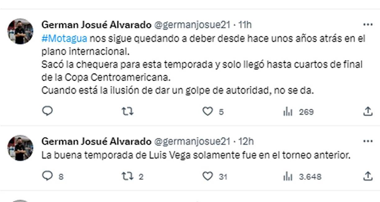 German Alvarado, periodista de Diario La Prensa, cree que Motagua “nos sigue quedando a deber desde hace unos años atrás en el plano internacional”. “Sacó la chequera para esta temporada y solo llegó hasta cuartos de final de la Copa Centroamericana”.