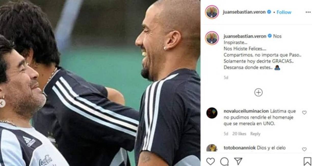 La 'Brujita' escribió un cálido mensaje para Maradona poco después de su fallecimiento a los 60 años. 'Inspiraste...Nos Hiciste Felices....Compartimos, no importa que pasó...Solamente hoy decirte GRACIAS.. Descansa donde estés..', publicó Verón junto a tres fotos icónicas de Maradona.