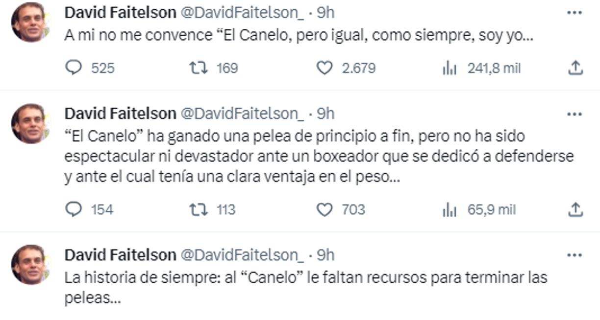 Otros de los comentarios del polémico periodista: “A mí no me convence el Canelo”, “La historia de siempre, le faltan recursos para terminar la pelea” y “ha ganado la pelea de principio a fin, pero no ha sido espectacular ni devastador”.