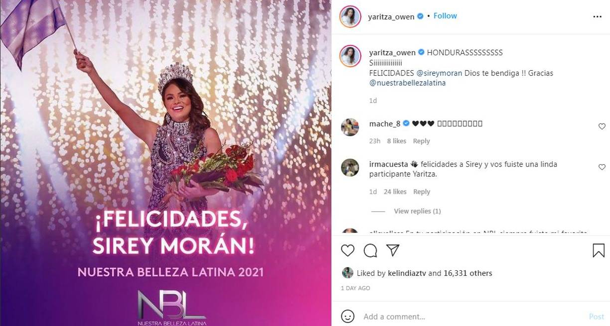 La presentadora hondureña Yaritza Owen, quien participó en NBL hace algunos años, expresó su alegría por su compatriota.