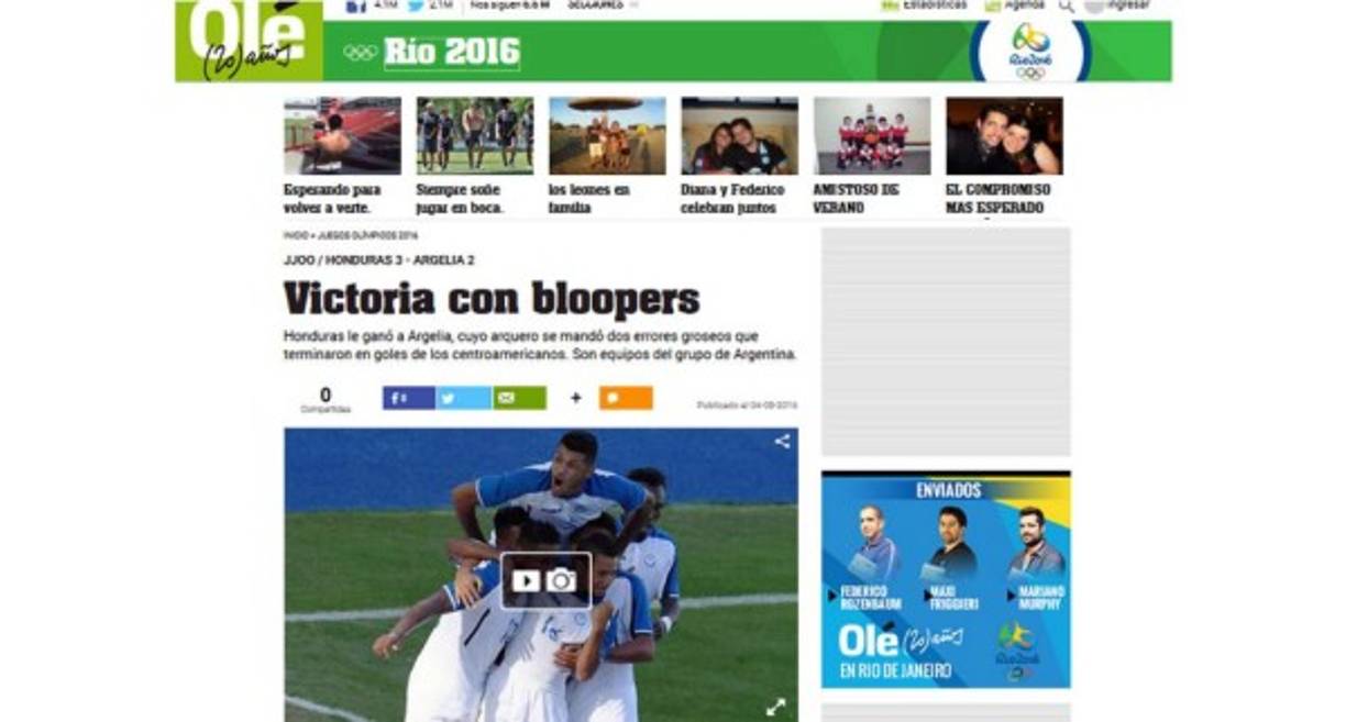 El diario Olé de Argentina: 'Victoria con bloopers. Honduras le ganó a Argelia, cuyo arquero se mandó dos errores groseos que terminaron en goles de los centroamericanos. Son equipos del grupo de Argentina'.