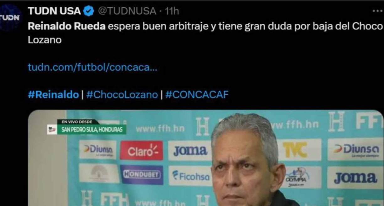 TUDN: “Reinaldo Rueda espera buen arbitraje y tiene gran duda por baja del Choco Lozano”.