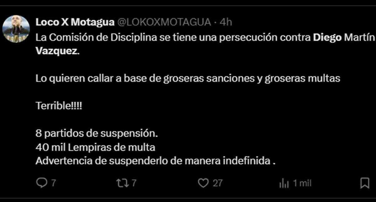 Aficionados del Motagua en X (antes Twitter) también criticaron con dureza la sanción a Diego Vázquez.