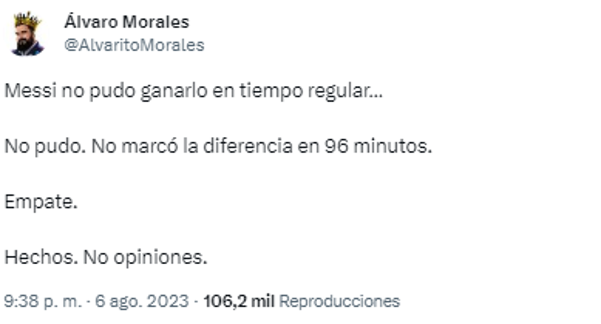 Por su parte, Álvaro Morales, conocido por ser anti-Messi expresó e n sus redes sociales: “Messi no pudo ganarlo en tiempo regular...No pudo. No marcó la diferencia en 96 minutos.Empate. Hechos. No opiniones”.