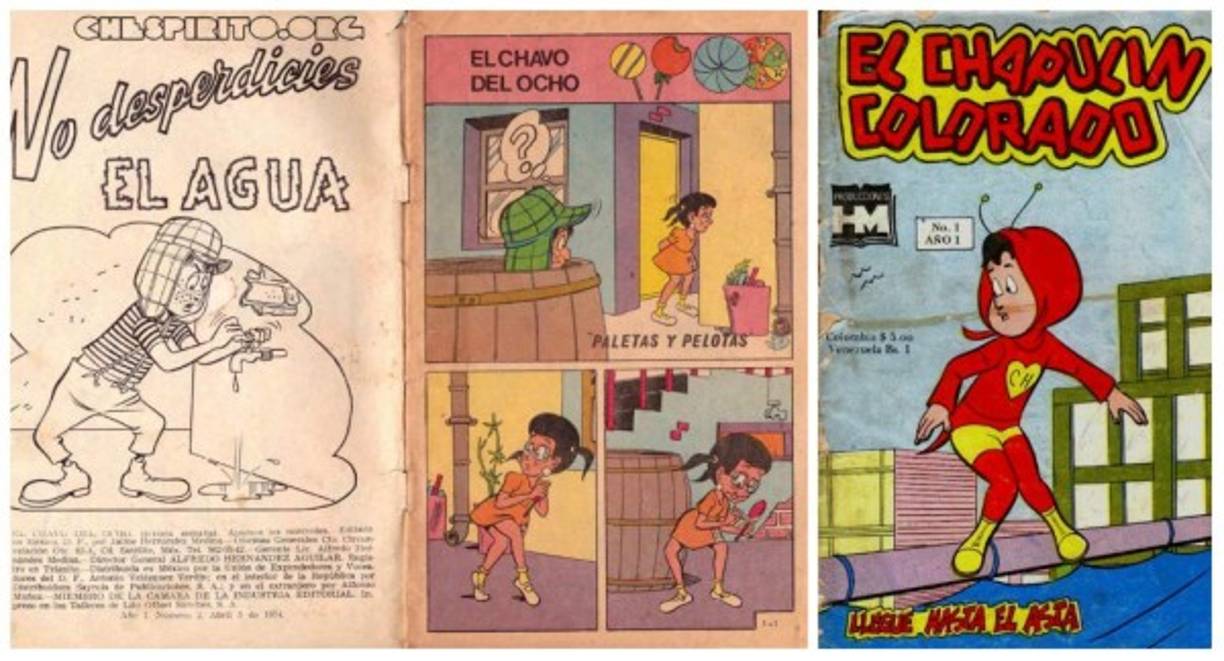 Las primeras historietas del Chavo y Chapulín Colorado, fueron impresas el sábado 30 de mayo de 1974 en México. <br/>Estas historietas, en primera instancia eran escritas por Chespirito pero más tarde por su hermano, Horacio Gómez.<br/>Roberto Gómez también escribió historietas del Dr. Chapatín, y de los Caquitos (El Chómpiras y el Botija). Años más tarde fueron distribuidas en Estados Unidos, Puerto Rico, República Dominicana, Guatemala, El Salvador, Honduras, Nicaragua, Costa Rica y Panamá.