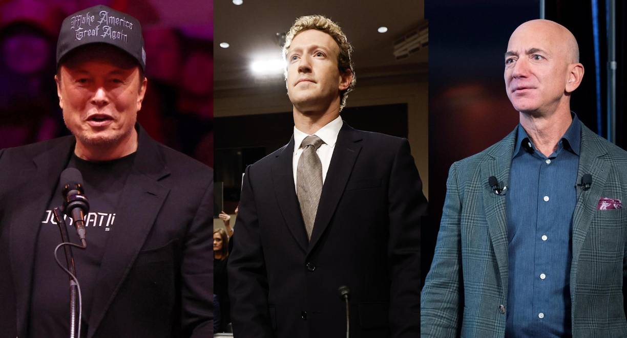 Combo de fotografías donde se observa al CEO de Tesla y director de X , Elon Musk (i) al CEO de meta, Mark Zuckerberg (c), y al presidente ejecutivo de Amazon, Jeff Bezos. EFE/ Sarah Yenesel / Tasos Katopodis / Michael Reynolds 