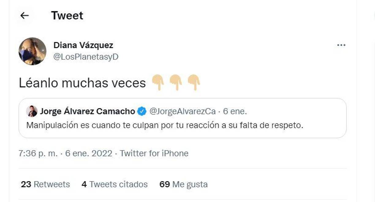 En otro post, Diana habla de la manipulación en las relaciones de pareja. Le periodista le pidió a sus usuarios que lo leyeran muchas veces. “Manipulación es cuando te culpan por tu reacción a tu falta de respeto”. 