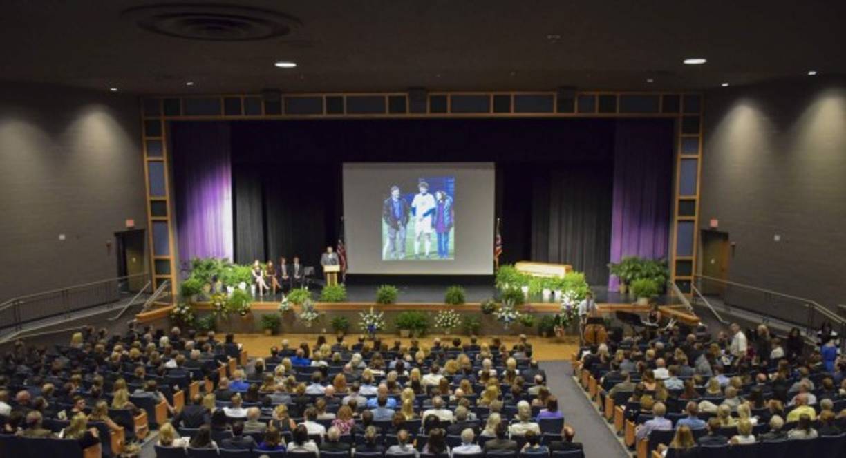 This handout photo obtained courtesy of the Warmbier family shows mourners at Wyoming High School in Wyoming, Ohio, on June 22, 2017, as they attend the funeral for Otto Warmbier. <br/>Warmbier an American university student who, while visiting North Korea as a tourist in January 2016, was arrested and sentenced to 15 years of hard labor after being accused of stealing a propaganda poster. Warmbier died on June 19, 2017 six days after retuning to the United States in a coma. / AFP PHOTO / FAMILY HANDOUT / Handout / RESTRICTED TO EDITORIAL USE - MANDATORY CREDIT 'AFP PHOTO / THE WARMBIER FAMILY' - NO MARKETING NO ADVERTISING CAMPAIGNS - DISTRIBUTED AS A SERVICE TO CLIENTS<br/><br/>