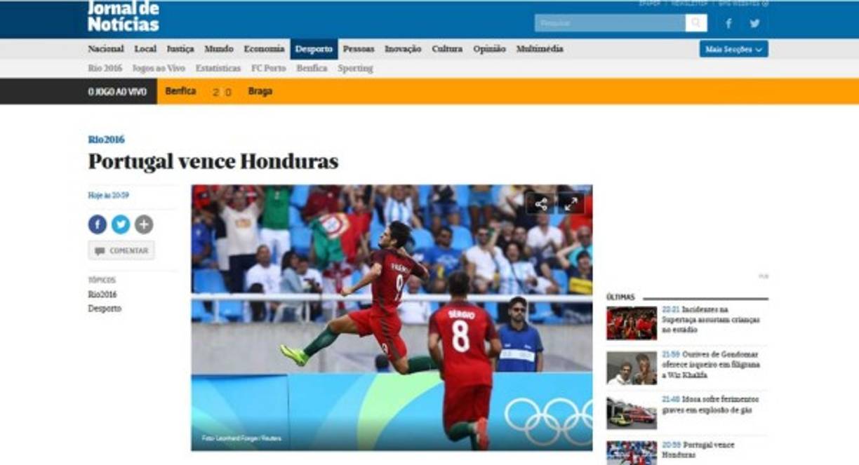El diario Jornal de Noticias de Portugal: 'Portugal vence a Honduras. Después de la victoria de 2-0 sobre Argentina, la formación dirigida por Rui Jorge sufrió un gol después de 31 segundos de juego, Alberth Elis, pero dio la vuelta con goles de Tobias Figueiredo, 21 minutos, y Gonçalo Paciência, 36'.
