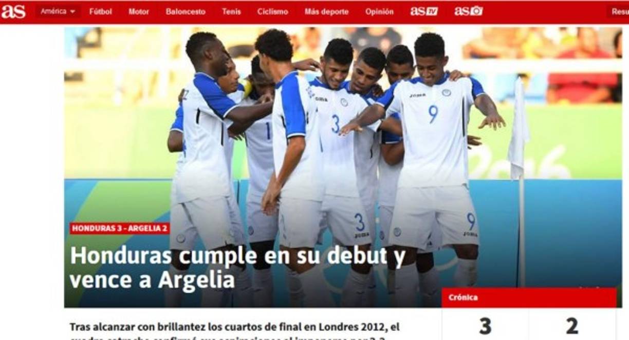 Diario AS de España: 'Honduras cumple en su debut y vence a Argelia. Tras alcanzar con brillantez los cuartos de final en Londres 2012, el cuadro catracho confirmó sus aspiraciones al imponerse por 3-2'.