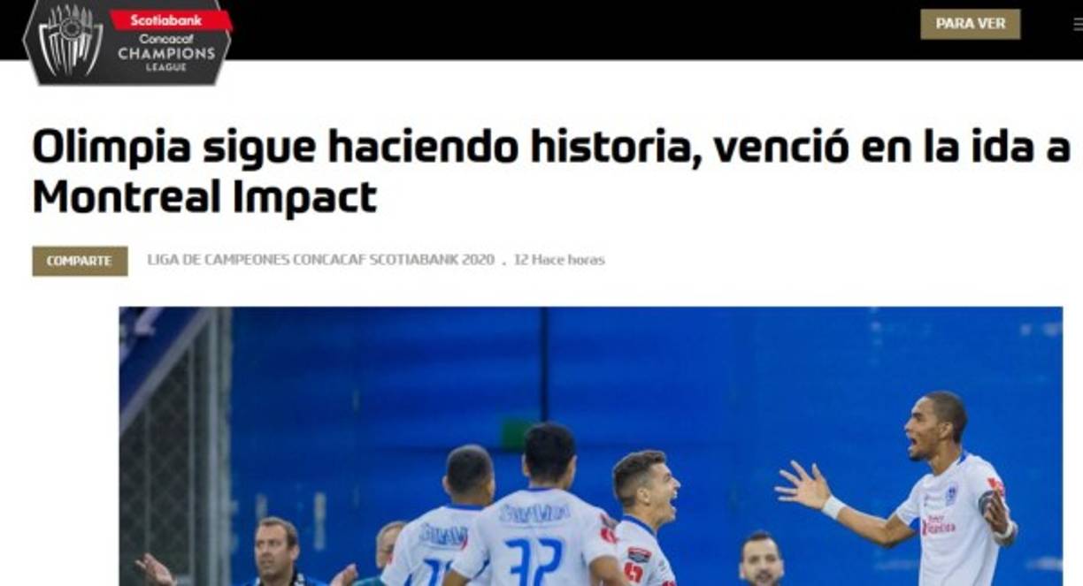 La web de la Concacaf destacó la victoria del Olimpia en Canadá.