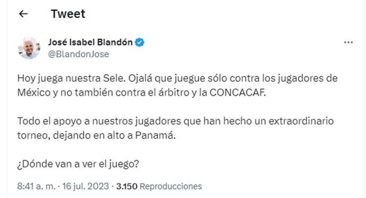 José Isabel Blandón Figueroa es un abogado y político panameño. Dejó un polémico mensaje contra el arbitraje y la Concacaf. Cabe señalar que el hondureño Said Martínez será el encargado de pitar el partido.