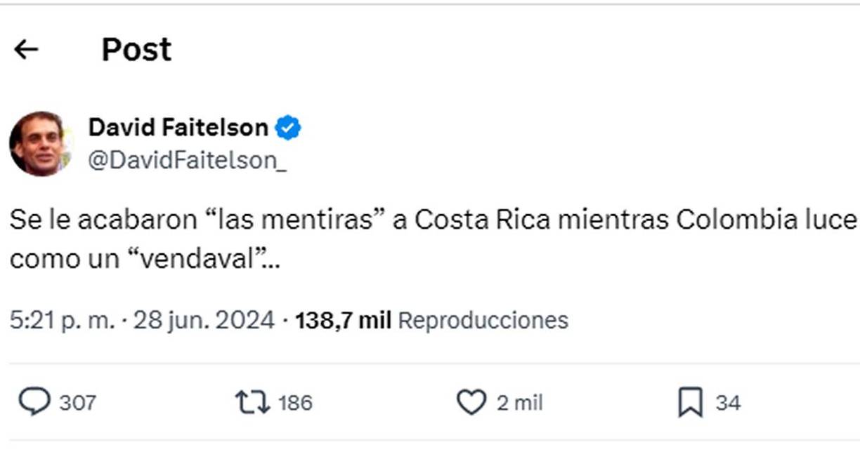 David Faitelson, el polémico periodista de TUDN, puso en su sitio a los ticos y los bajó de la nube. “Se le acabaron ‘las mentiras’ a Costa Rica mientras Colombia luce como un ‘vendaval’”.