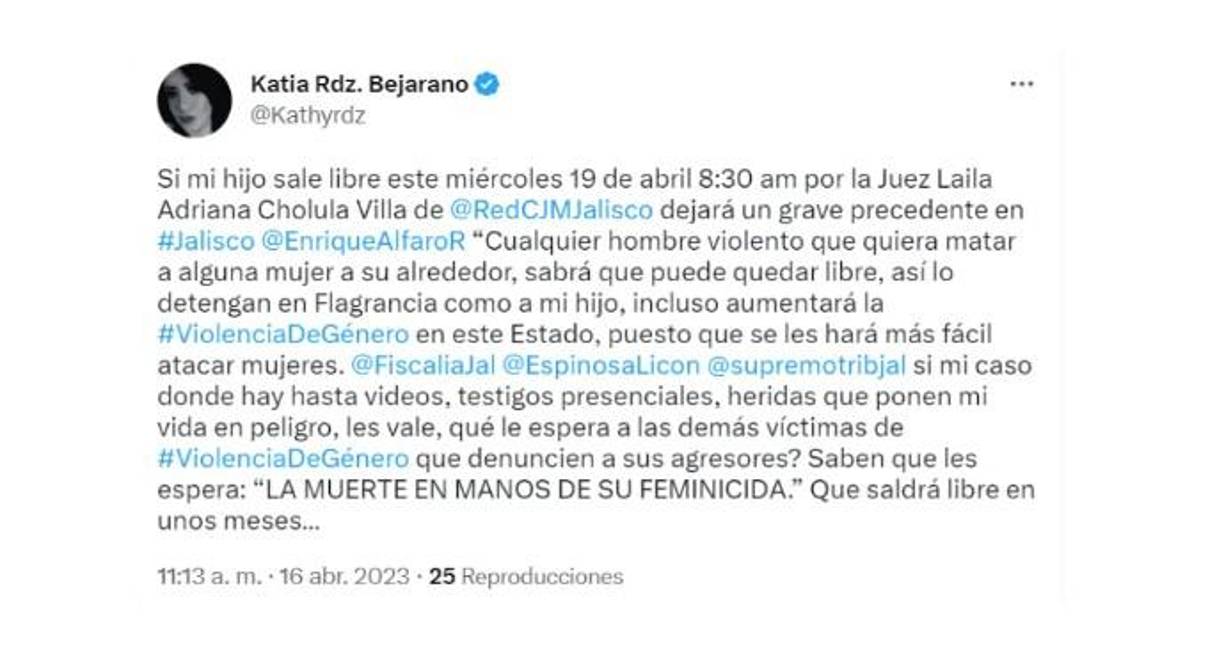 De igual manera, Katia mencionó que teme que su hijo pueda agredir a otras personas si sale libre. “Si él sale impune de intentar matar a su mamá, su cabeza le hará pensar que puede asesinar a quien quiera, que al cabo tiene a su papá para que lo defienda y lo premie por sus actos ilícitos. Su padre lo dejaba drogarse y ahora parece que lo premia por haber intentado asesinarme”. 