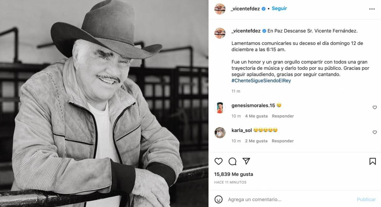 Los primeros en dar a conocer la información fueron sus familiares a través de la cuenta oficial de Instagram del rey de la música ranchera. 