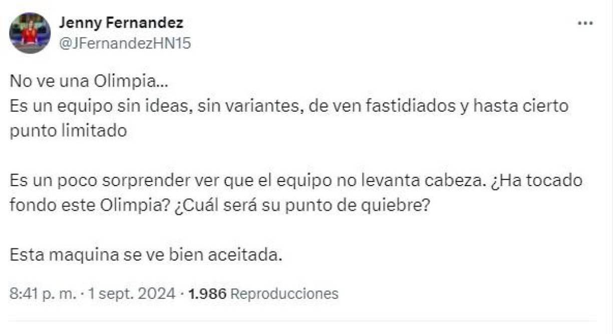 Jenny Fernández, presentadora de DIEZ TV, dice que Olimpia “no ve una y es un equipo sin ideas y hasta cierto punto limitados”.
