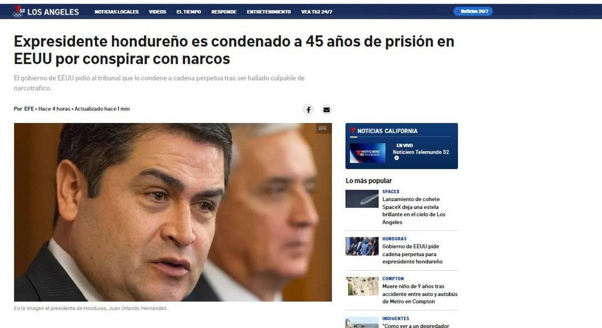 El prestigioso medio estadounidense, Telemundo, destacó en su portada la sentencia del expresidente de Honduras Juan Orlando Hernández. 