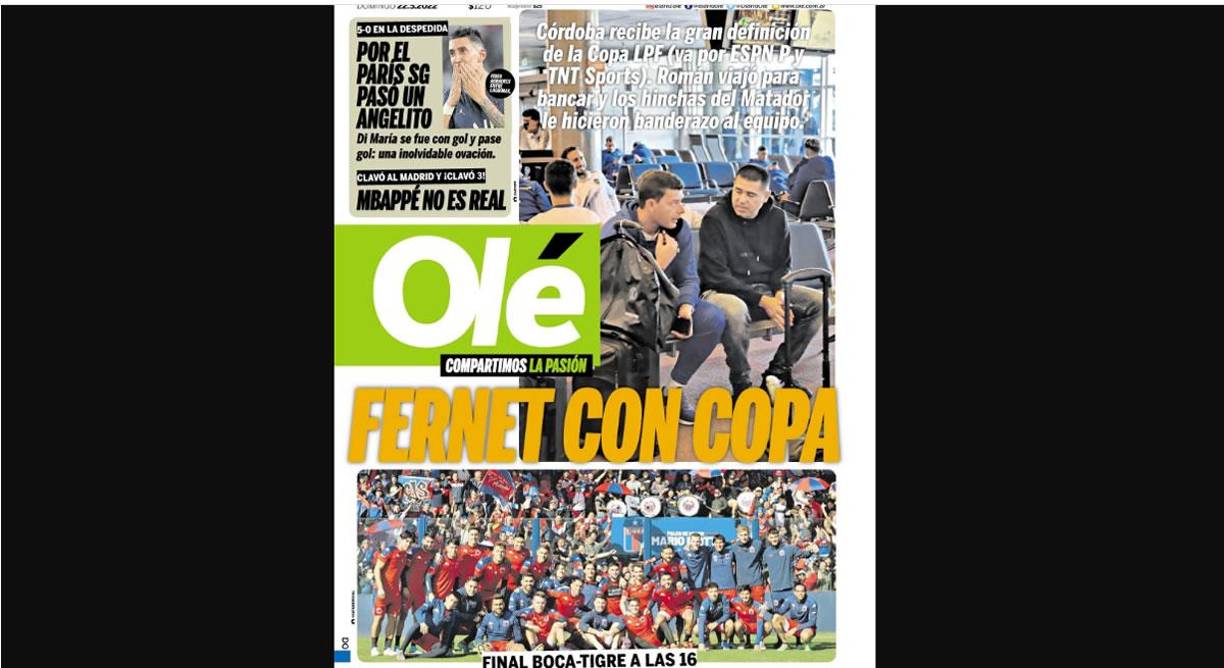 Diario Olé (Argentina) - El periódico argentino destacó el adiós de Ángel Di María. “Por el PSG pasó un Angelito”. Y también hablaron de Kylian: “Mbappé no es real. Clavó al Madrid y ¡clavó 3!”, en referencia al hat-trick que hizo el crack francés en el duelo contra el Metz en la última jornada de la Ligue 1.