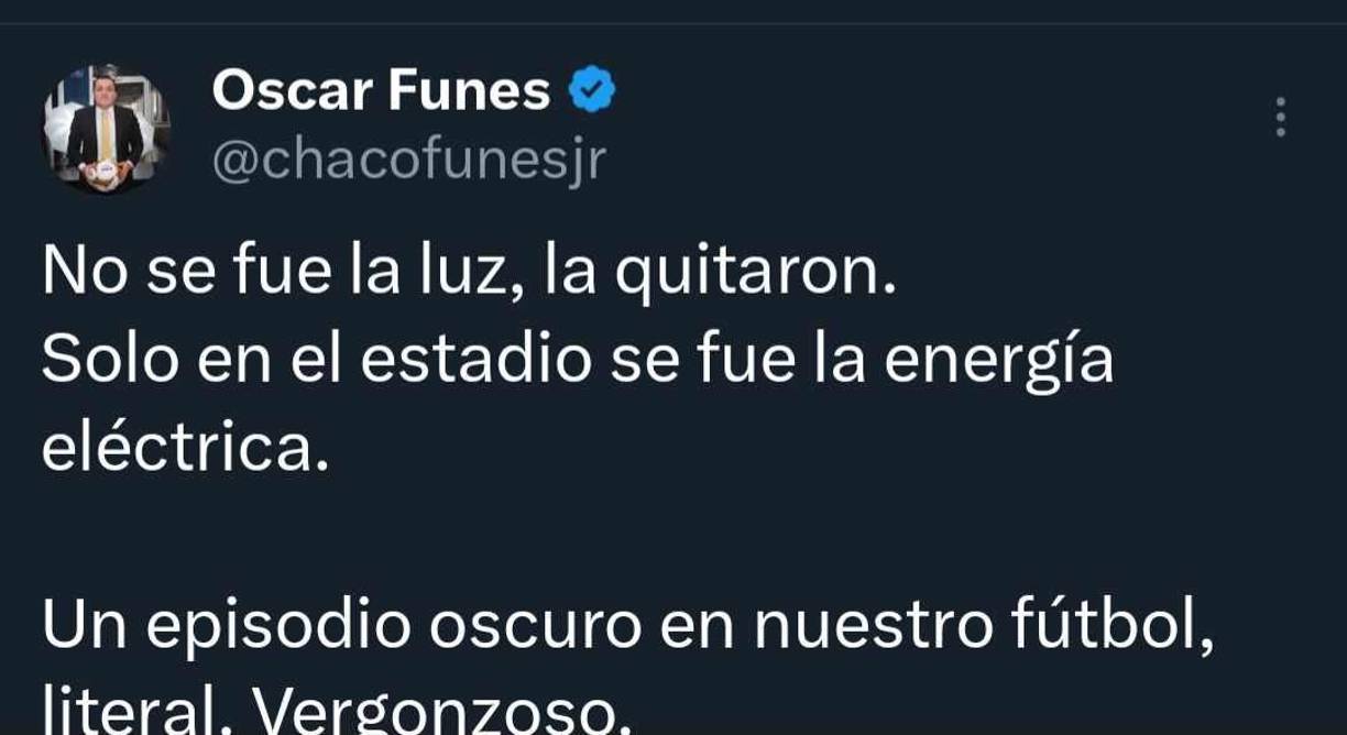 ”No se fue la luz, la quitaron. Solo en el estadio se fue la energía eléctrica”, señaló Chaco Fúnes.