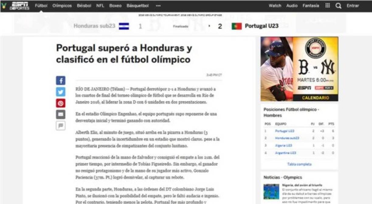 ESPN: 'Portugal derrotó por 2-1 a Honduras y avanzó a los cuartos de final del torneo olímpico de fútbol que se desarrolla en Río de Janeiro 2016, al liderar la zona D con 6 unidades en dos presentaciones'.
