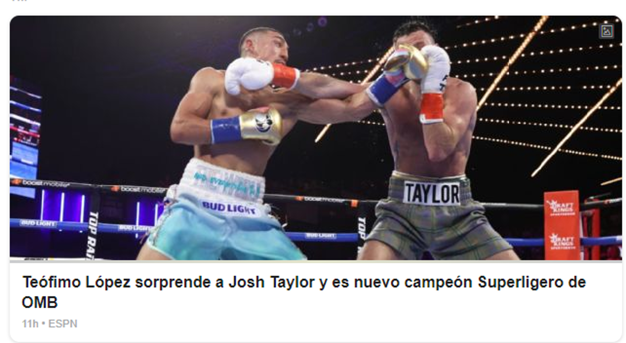 ESPN: “Teófimo López sorprende a Josh Taylor y es nuevo campeón Superligero de OMB”.